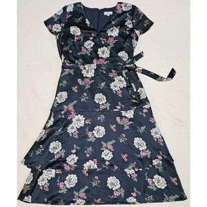 Loft Floral Print Faux Wrap Tiered Hem Silky Dress